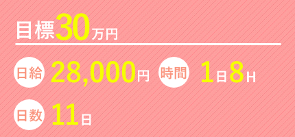 目標30万 日給28,000円 時間1日8時間 日数11日